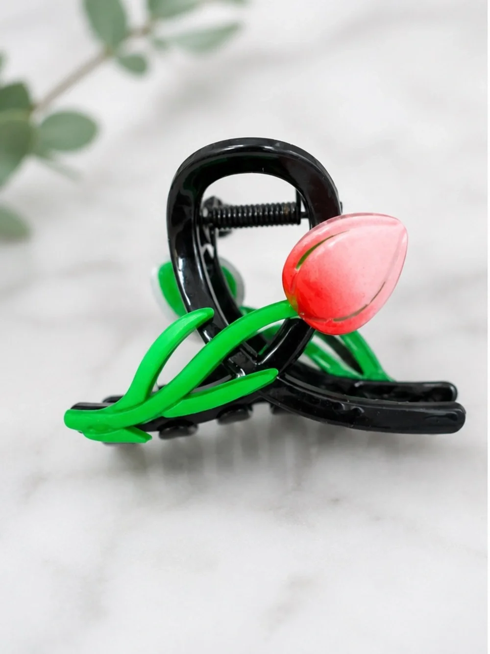 Pink Tulip Hair Clip - Black & Green Accent